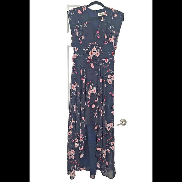 Eliza J High/Low Floral Faux Wrap Maxi Dress V-neckline Lightweight Navy Blue S - Picture 2 of 9